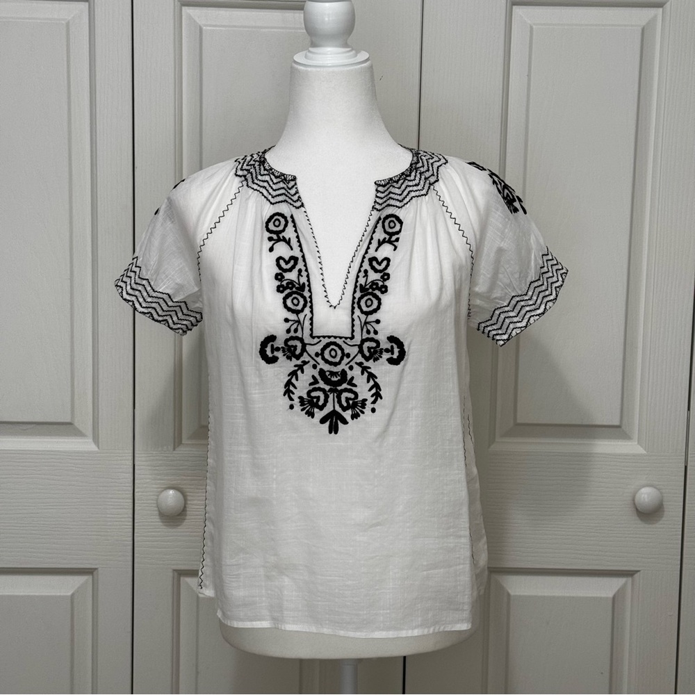 J.Crew White Cotton Gauze Embroidered V-Neck Puff Sleeve Blouse 0 - Picture 3 of 15